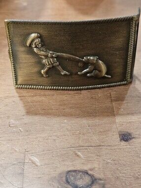 Vintage Antique Brass Tone Metal Novelty Belt Buckle - Boy & Dog Tug-of-War Euc
